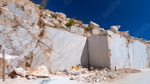 Massive marble quarry walls under bright blue sky industrial stone extraction