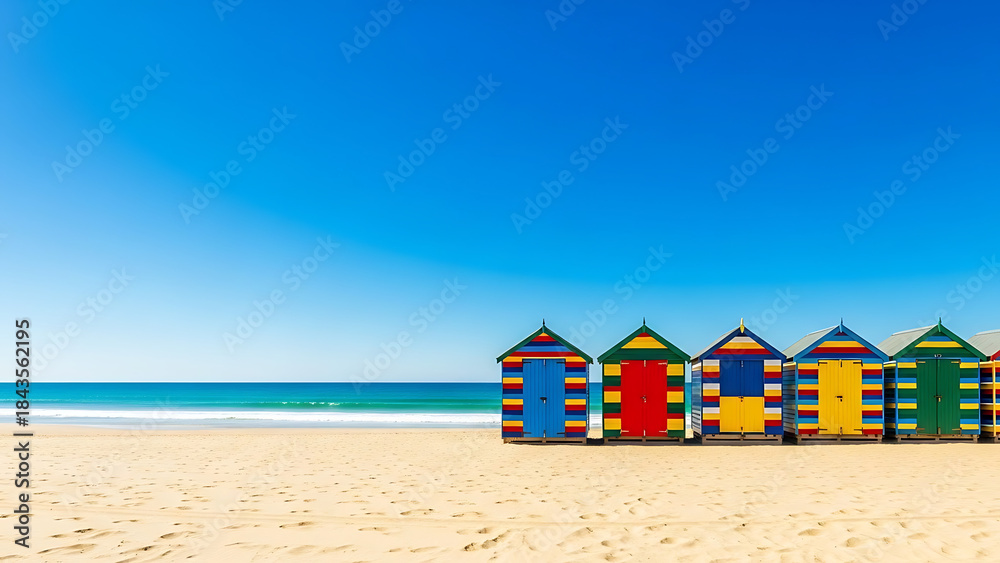 Obraz premium Colorful beach huts lined along sandy shore with clear blue sky and ocean in background. Colorful beach huts create vibrant scene for summer vacation and travel photography. Concept beach lifestyle.