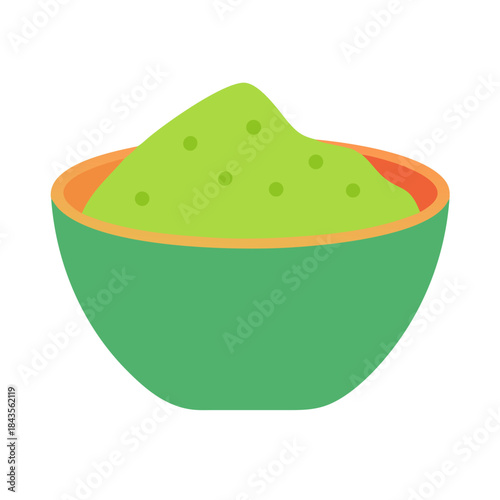Flat green powder in bowl against solid white background