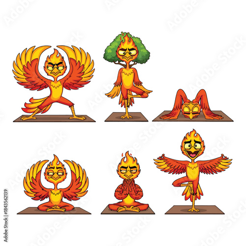 Funny phoenix bird characters doing yoga poses set. Cute fire mythological creature fitness and meditation vector illustration. Fantasy animal workout mascot collection.
