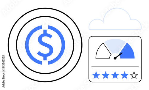 Financial concept. Financial growth by a dollar sign, rating scale, and cloud. Financial tools for tracking performance, digital wallets, and investing insights functionality. Usages financial