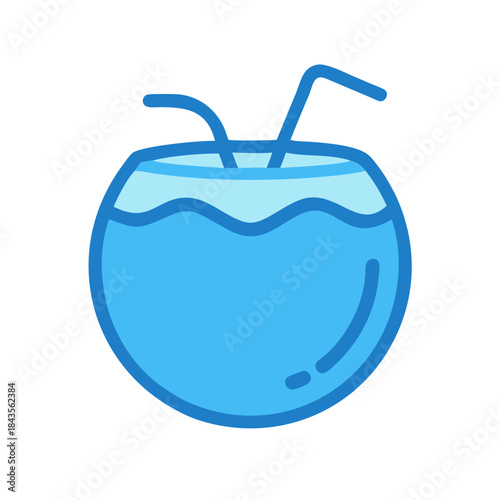 Blue coconut cocktail with straws on a white background