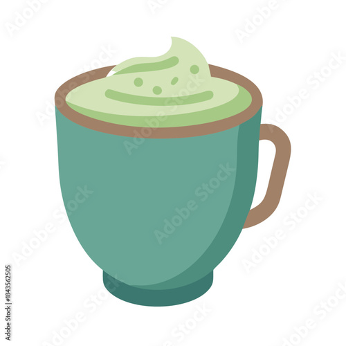 Mint latte in a blue cup with green foam