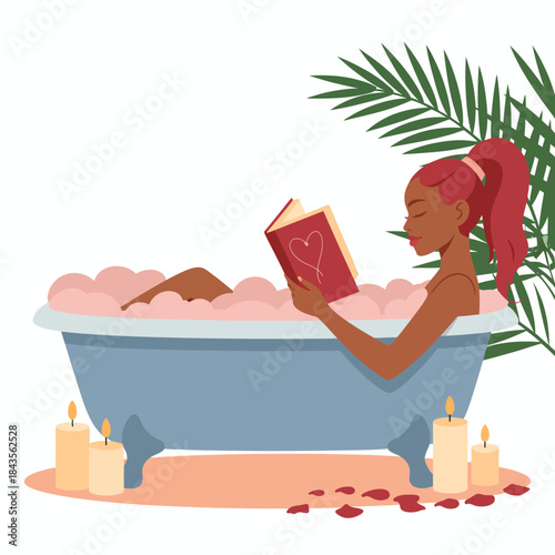 A serene bath scene featuring a woman reading while soaking in bubbles, surrounded by candles and greenery, offering a moment of tranquility, self-care, and relaxation.