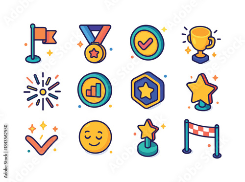Colorful Accomplishment Icons. Accomplishment. Colorful isometri