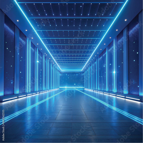 High-Tech Neon Blue Digital Background With Beams and Luminous Particles Adobe Illustrator Artwork