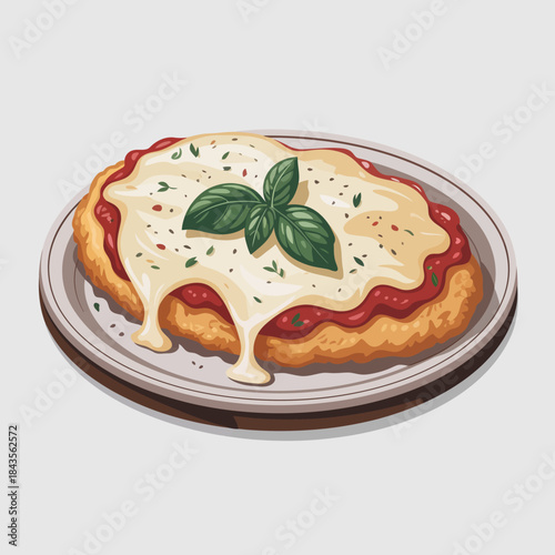 A crispy breaded chicken dish topped with melted cheese and garnished with herbs, served on a plate, symbolizing a delectable culinary experience.