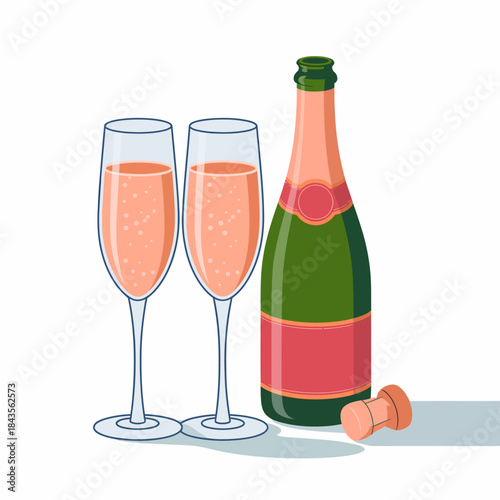 A beautifully arranged image depicting two elegant champagne flutes filled with sparkling pink champagne next to a bottle ready for celebration and joy.