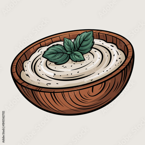 An appetizing bowl of creamy hummus garnished with fresh mint leaves, highlighting its rich texture and flavors, perfect for health-conscious food lovers and culinary enthusiasts.