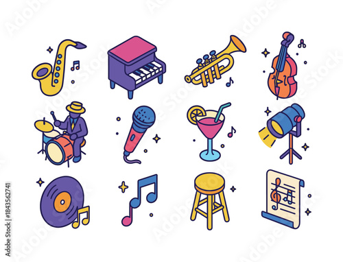 Colorful Jazz Icons. Jazz ensemble. Colorful isometric vector ic