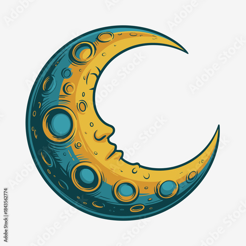 A stylized crescent moon featuring a serene face design evokes a sense of mystique and wonder, capturing the imagination with its artistic flair.