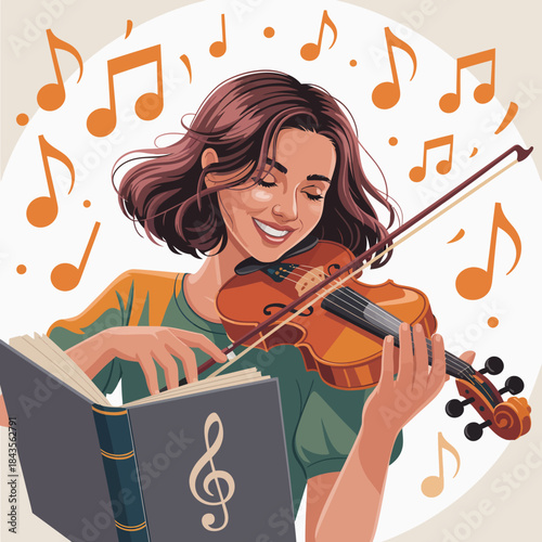 A cheerful young girl playing the violin while reading music notes from a book, illustrating the joy of music, creativity, and youthful passion for learning.