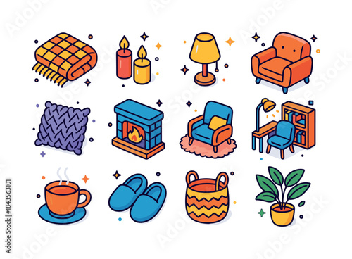 Cozy Living Room Icons. Cozy living room. Colorful isometric vec