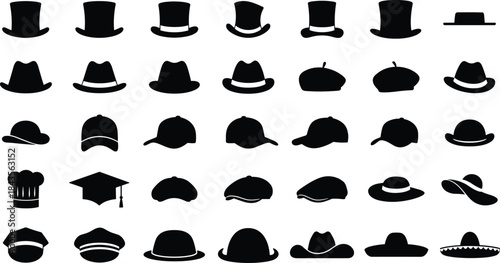 Top Hat, Fedoras, Baseball Caps, Chef Hat, Graduation Cap, Cowboy Hat, and Sombrero Vector Illustration