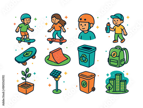 Eco-Skater Icons. Eco-Skater Kids. Colorful isometric vector ico