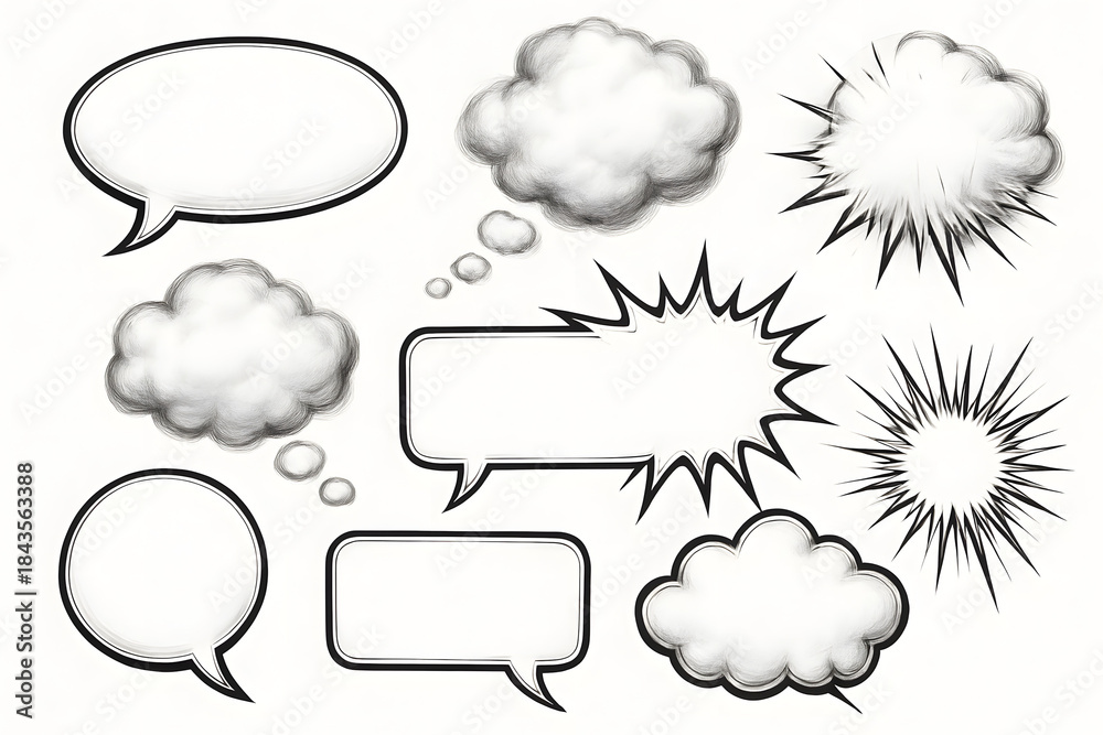 Fototapeta premium Communication Bubbles: A variety of speech bubbles and thought bubbles provide versatile options for graphic design and conveying ideas. Emphasizing different communication styles