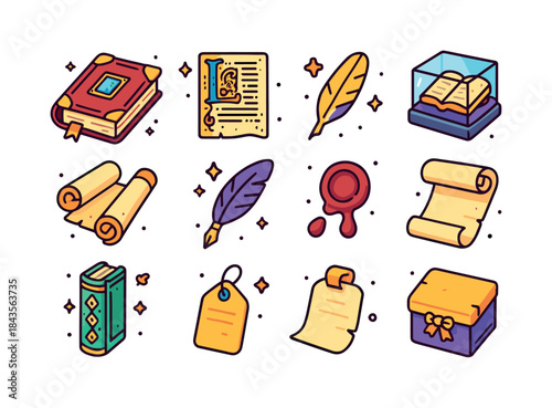 Colorful Manuscript Icons. Rare Manuscripts. Colorful isometric