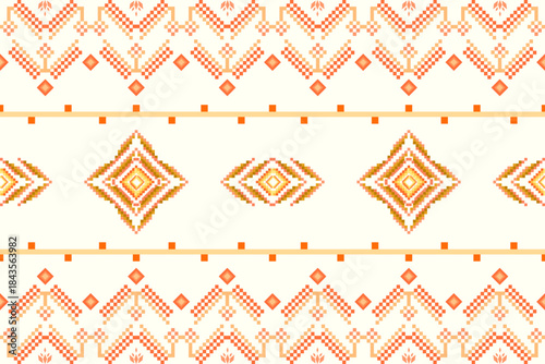 Ikat ethnic abstract geometric embroidery knitting element seamless on yellow background pattern. Native decorative design for fabric, fashion, texture, wallpaper, border, line, lace, decoration