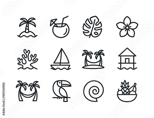 Tropical Icon Set. Tropical paradise. Line icon set of Tropical