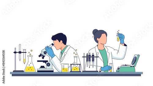 Illustration of Scientists Conducting Laboratory Experiments with Scientific Equipment
