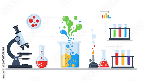 laboratory research setup with microscopes, test tubes, beakers, and chemical reactions for