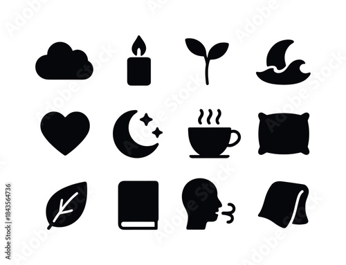 Calm Icon Grid. Calming elements. Solid icon set of calming elem