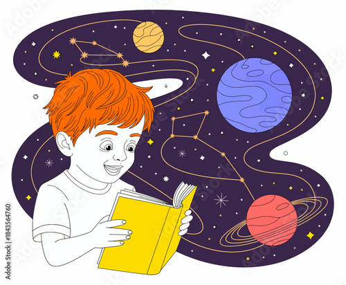 A young boy excitedly reads a book against a cosmic background filled with planets and stars, embodying curiosity and the wonders of imagination and learning.