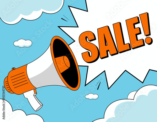 A vibrant megaphone dramatically announces a sale, illustrating excitement and urgency commonly associated with promotions, drawing attention to the importance of communication in marketing.
