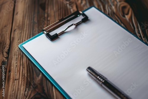 Clipboard with blank paper and pen resting on wooden table, ready for writing or note taking
