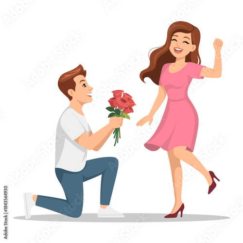 A joyful scene depicting a man proposing to a woman with flowers, capturing the excitement and happiness of love and commitment in this heartwarming moment.