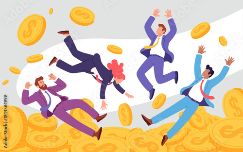 Business professionals, celebrating amidst a pile of golden coins, symbolize wealth and success, showcasing joy and exhilaration in their careers and financial achievements.