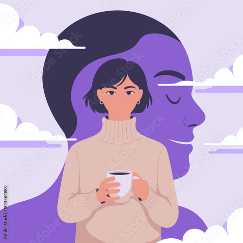 This image portrays a contemplative woman holding a steaming cup, set against a soft, dreamlike background, symbolizing introspection and tranquility in daily life.