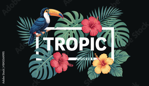 A stunning tropical composition featuring vibrant flowers and a toucan against a dark background invites one to explore paradise, evoking feelings of relaxation and vibrant beauty.