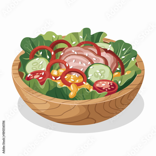 A colorful salad showcasing an array of fresh vegetables, greens, and toppings, presented in a wooden bowl, highlighting nutrition, freshness, and healthy eating.