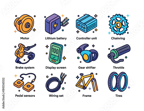 E-Bike Components Icons. E-bike components. Colorful isometric v