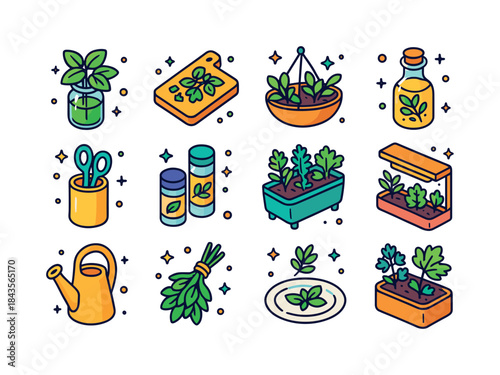 Herb Garden Icons. Kitchen herb garden. Colorful isometric vecto