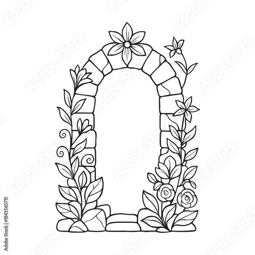Black and white illustration of a stone archway adorned with lush foliage and delicate flowers, evoking a sense of natural beauty and whimsical charm