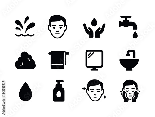 Face Wash Routine Icons. Washing your face. Solid icon set of wa