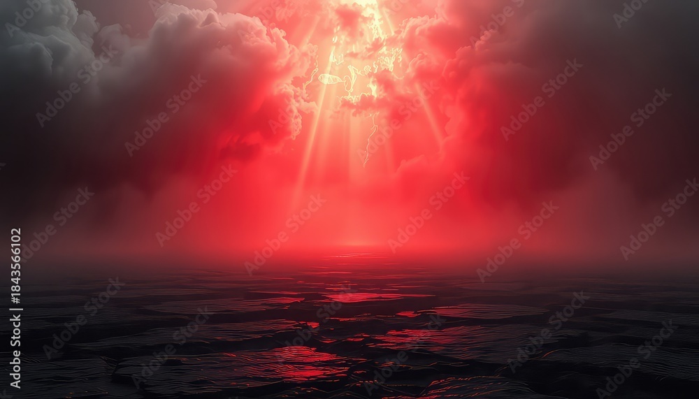 Dramatic red celestial light beaming through ominous clouds onto a dark, cracked landscape, ideal for presentations or thematic backdrops