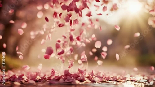 Falling petals create a beautiful and serene atmosphere in the sunlight.