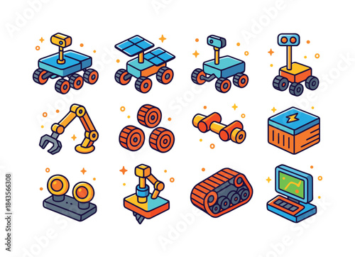 Colorful Mars Rovers Icons. Mars rovers. Colorful isometric vect