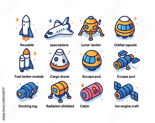 Colorful Space Transport Icons. Space transport vehicles. Colorf