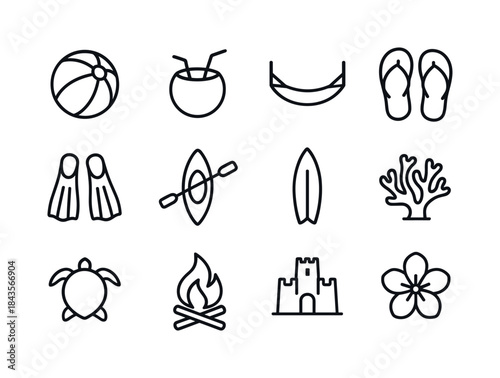 Island Icon Set. Island Activities. Line icon set of Island Acti