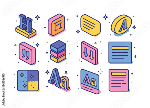 Colorful Typography Icons. Typographic hierarchy. Colorful isome