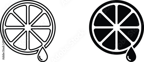 Simple black and white vector icons of a citrus fruit slice with a single drip, representing concepts like juice, freshness, lemonade, vitamin C, and sour flavor.