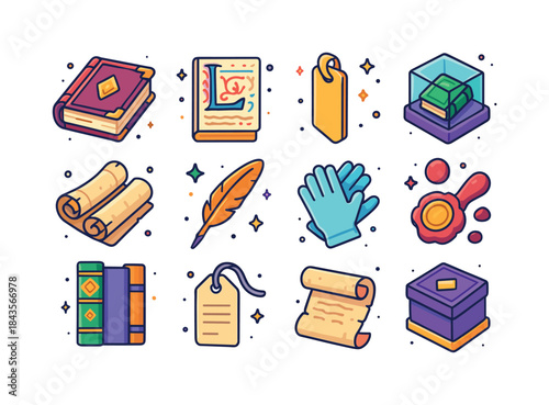 Colorful Manuscript Icons. Rare Manuscripts. Colorful isometric