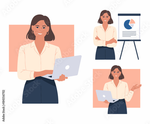 This image features a professional woman confidently presenting several documents and a chart, highlighting leadership, communication skills, and engagement in a corporate setting.