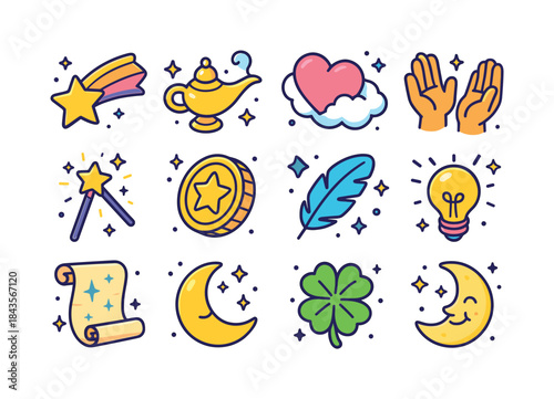 Wish Fulfillment Icons. Wish fulfillment. Colorful isometric vec