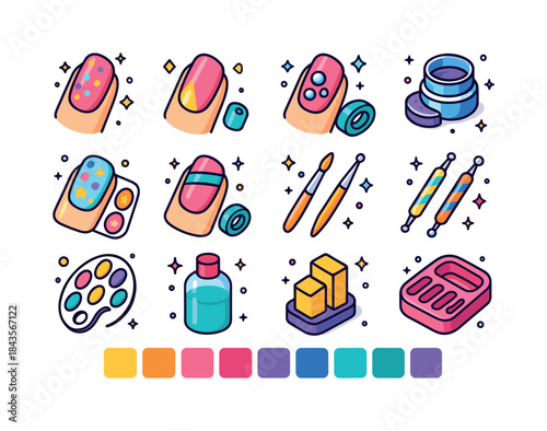 Colorful Nail Art Icons. Nail Art. Colorful isometric vector ico