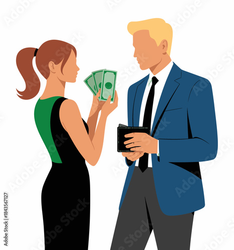 A businesswoman negotiating a deal holds cash, while a businessman carefully checks his wallet, illustrating a transaction in a professional setting.